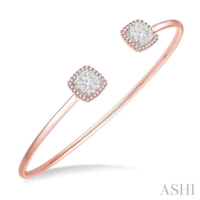 Classic gold bracelets for women-STACKABLE CUSHION SHAPE HALO LOVEBRIGHT ESSENTIAL DIAMOND OPEN CUFF BANGLE