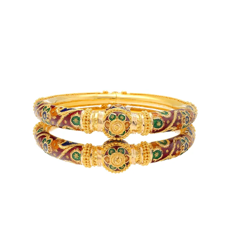 Bridal bangles with diamonds-22K Yellow Gold Meenakari Bangle Set of 2 (66.3gm)