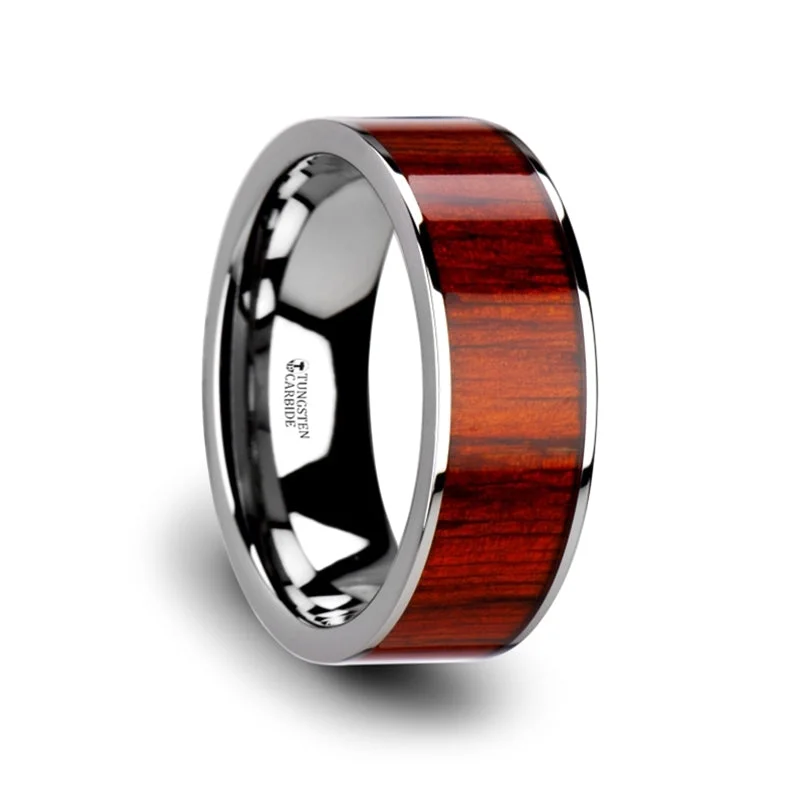 Designer ladies rings for brides-Tungsten Wedding Band with Padauk Wood Inlay