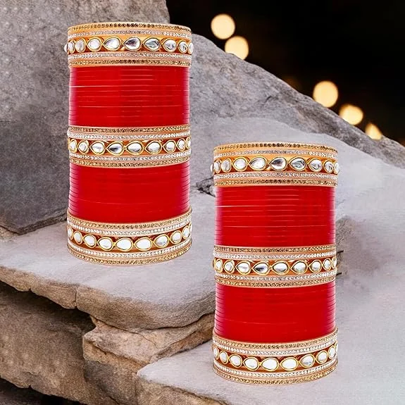 Simple silver bangles for casual wear-Tehzeeb Creations Bridal Bangle Set Chura Red White Kundan & Golden Stone Choora Wedding Punjabi Chuda for Women