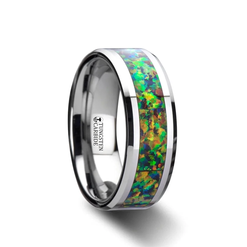 Heart shaped ladies rings-Tungsten Wedding Band with Blue & Orange Opal Inlay