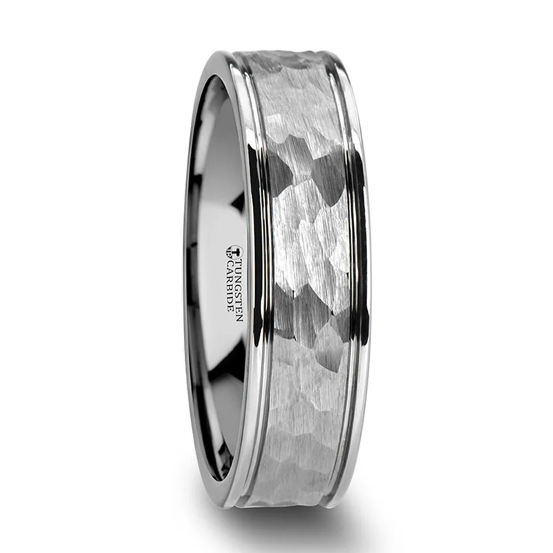 Affordable gold ladies rings-Hammered & Grooved White Tungsten Men's Wedding Band