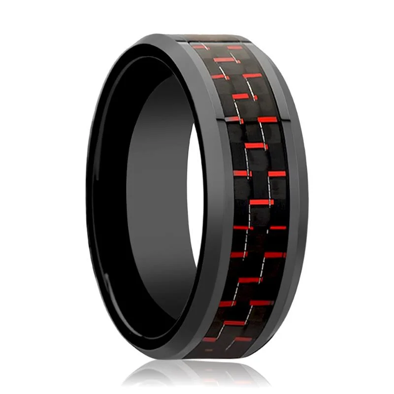 Ladies rings with antique design-AMORY | Black Ceramic Ring, Black & Red Carbon Fiber Inlay, Beveled