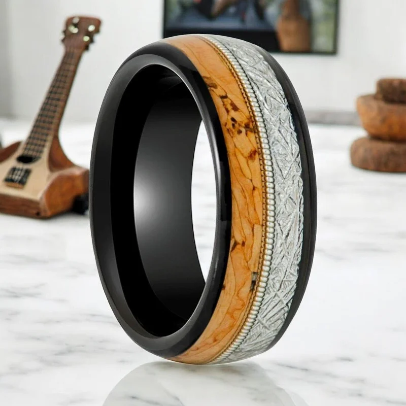 Geometric ladies rings for fashion-LYRIC | Black Tungsten, Cork & Meteorite Inlay, Guitar String, Domed