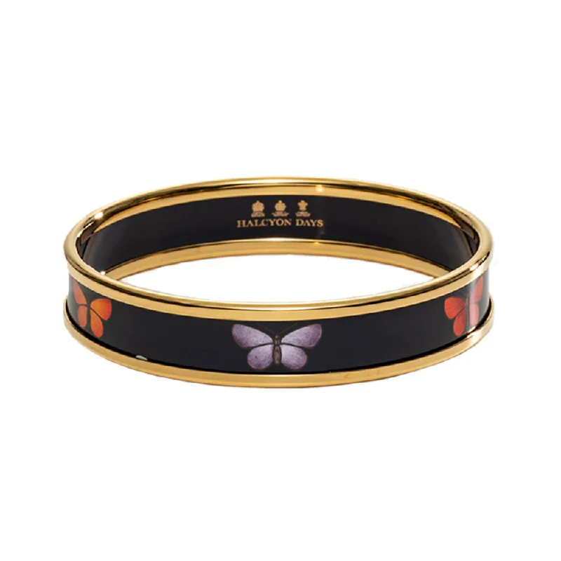 Luxury gemstone bracelets for women-Halcyon Days 1cm Butterfly Navy & Gold Enamel Bangle