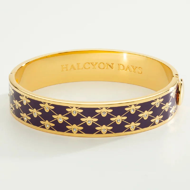 Trendy bangle bracelets for parties-Halcyon Days 13mm Bee Sparkle Trellis Gold Hinged Enamel Bangle