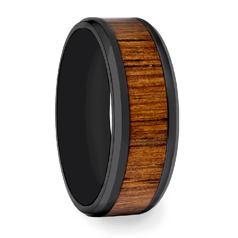 Elegant ladies rings with diamonds-Black Ceramic Men's Wedding Band with Koa Wood Inlay