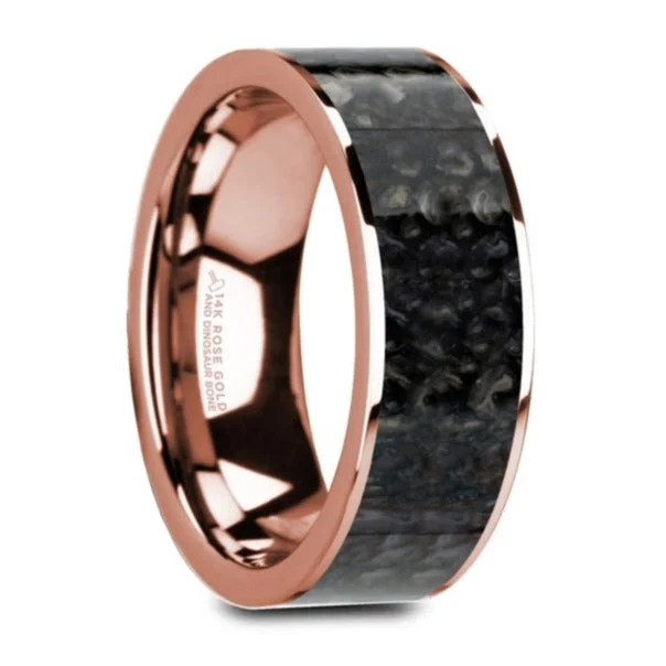 Double band ladies rings-Blue Dinosaur Bone Inlay 14k Rose Gold Men's Wedding Band