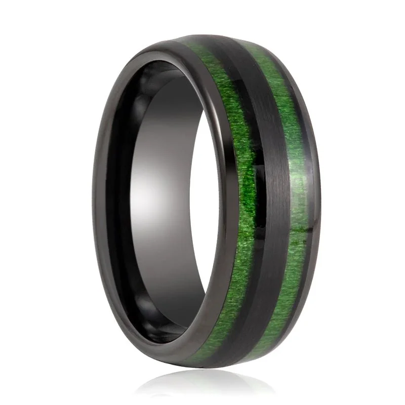 Classic silver ladies rings-HELLION | Tungsten Ring Green Groove