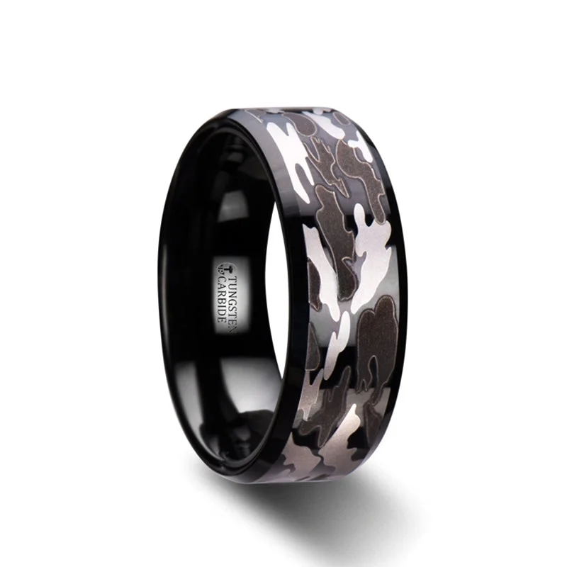 Elegant platinum ladies rings-Black Tungsten Wedding Band with Black & Gray Camoflauge Pattern