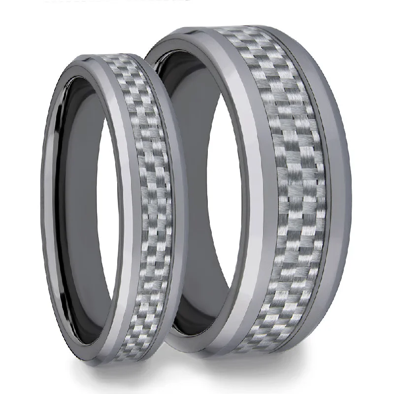 Custom engraved ladies rings-White Carbon Fiber Inlaid Tungsten Carbide Couple's Matching Wedding Band Set