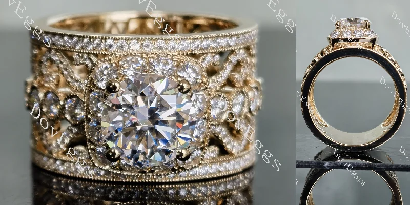 Engagement rings with three-stone design-Amor Eterno round halo pave vintage wide band moissanite engagement ring