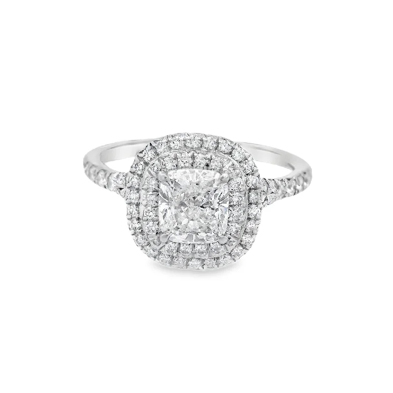 Engagement rings with halo of diamonds-Platinum Cushion Diamond 0.88Ct Halo Engagement Ring