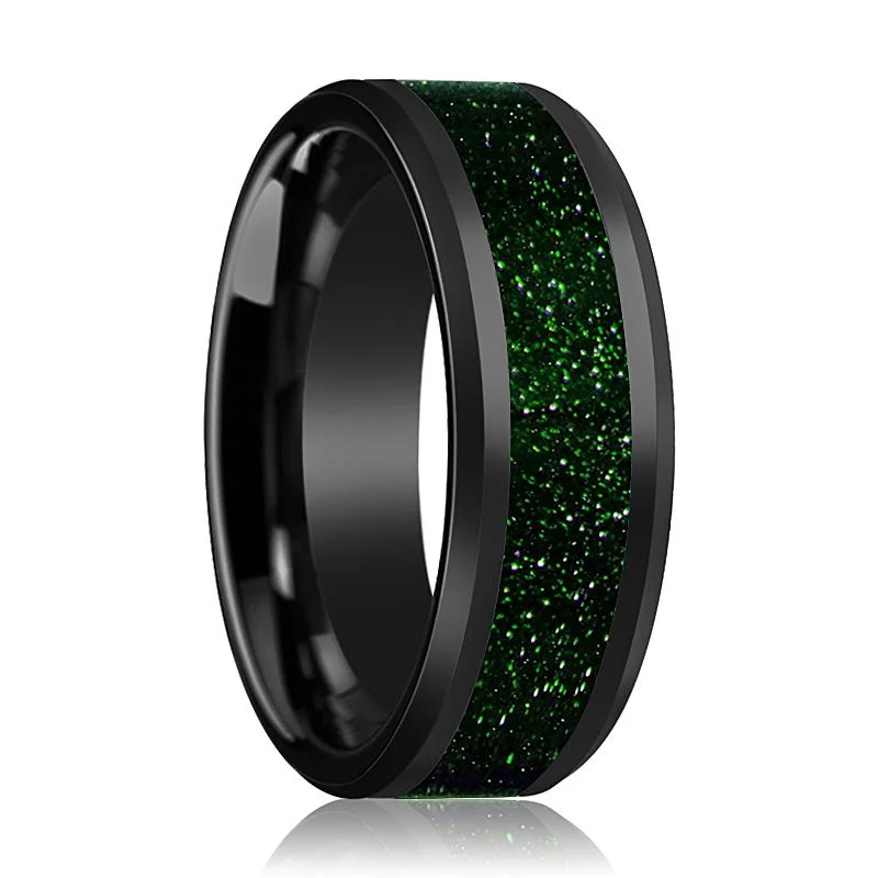 Affordable gold ladies rings-GIOVANNI | Black Ceramic Ring, Green Goldstone Inlay, Beveled