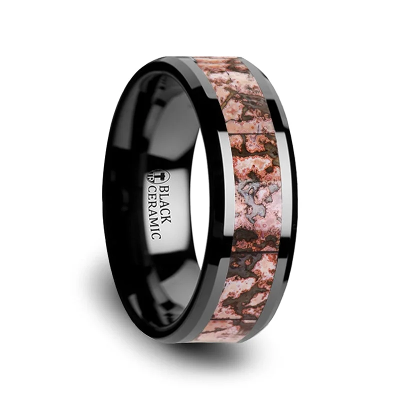 Classic silver ladies rings-Black Ceramic Men's Wedding Band with Pink Dinosaur Bone Inlay