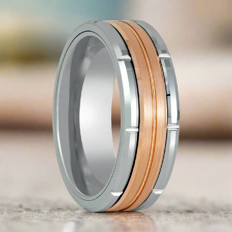 Statement ladies rings for fashion-COMMAND | Silver Tungsten Ring, Two Tone, Rose Gold Inlay