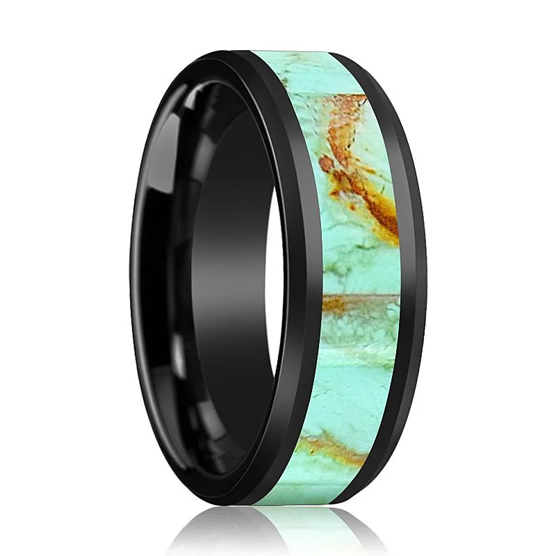 Stackable ladies rings for stacking-EDWARD | Black Ceramic Ring, Light Blue Turquoise Stone Inlay, Beveled