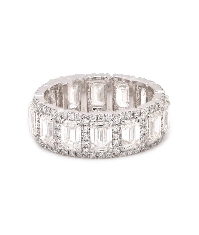 Engagement rings with fancy cut diamonds-Platinum Emerald Cut Halo Diamond Eternity Band