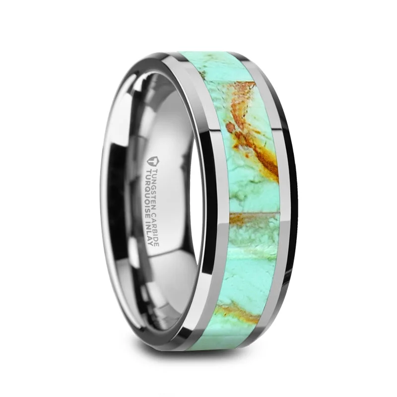 Heart shaped ladies rings-Tungsten Men's Wedding Band with Turquoise Stone Inlay