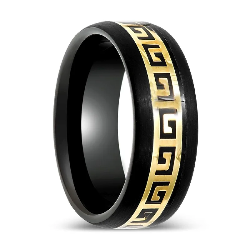 Fancy design ladies rings for everyday-ERDIL | Black Tungsten Ring with Yellow Greek Key Inlay