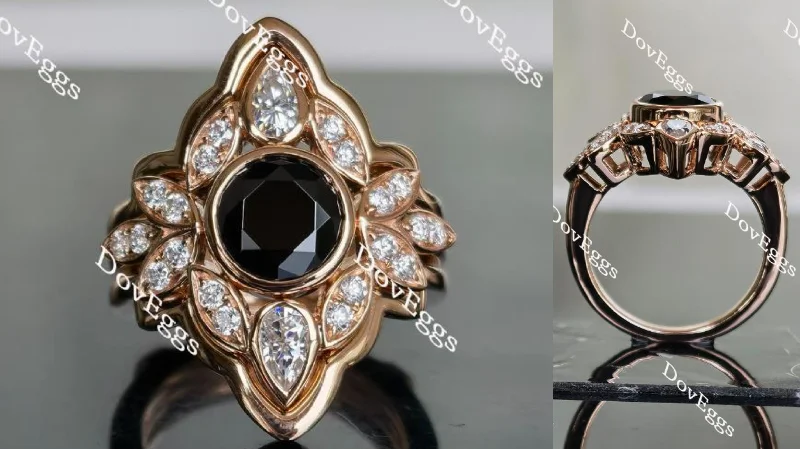 Affordable custom engagement rings-Doveggs round floral setting black sapphire colored gem ring (engagement ring only)