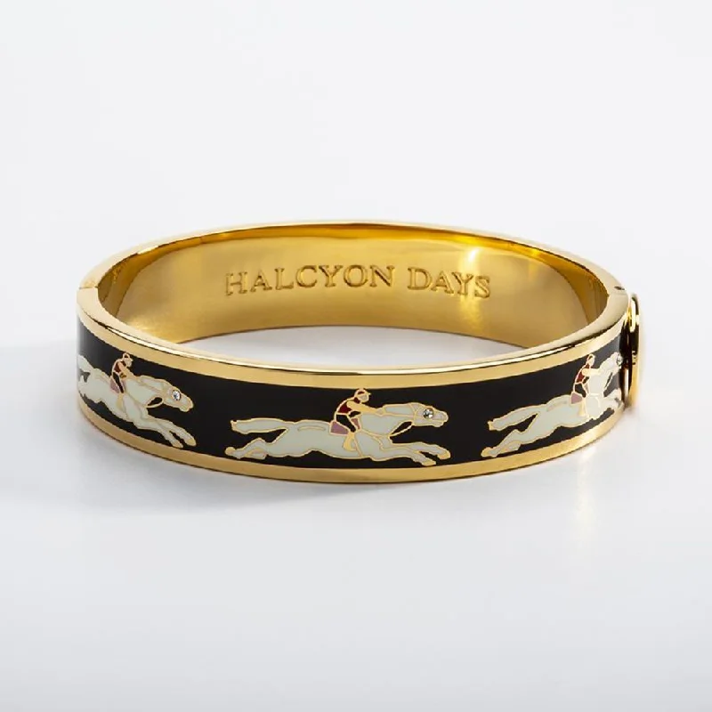 Stylish ladies bracelets for casual wear-Halcyon Days 13mm Race Horse Gold Hinged Enamel Bangle