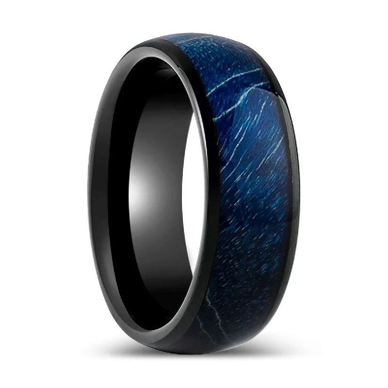 High-end diamond ladies rings-NASOS | Black Tungsten Ring, Azure Stabilized Wood Inlay, Domed