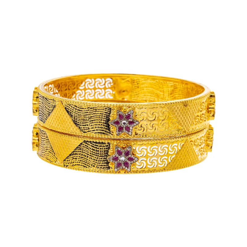 Classic silver bangles for daily wear-22K Yellow Gold, Ruby & CZ Bangle Set of 2 in Size 2.6 (43.8gm)