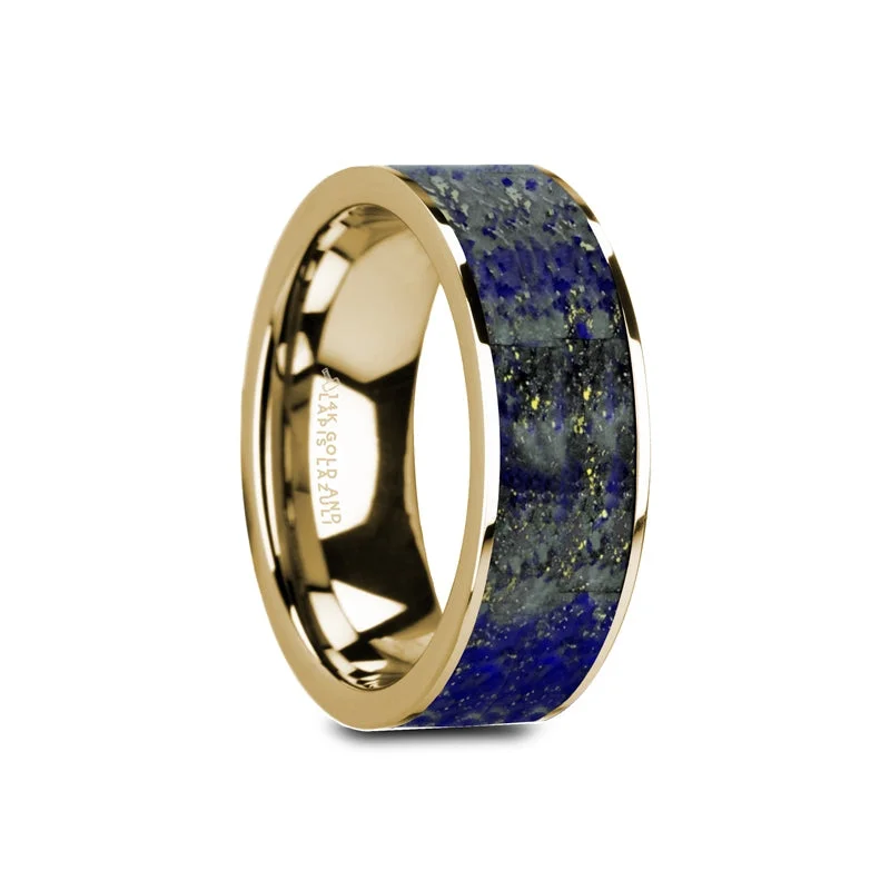 Rose gold ladies rings for women-Blue Lapis Lazuli Inlay 14k Yellow Gold Men's Wedding Band