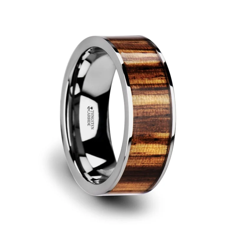 Fancy design ladies rings for everyday-Tungsten Wedding Band with Zebra Wood Inlay