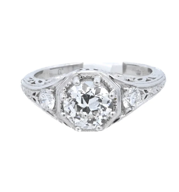 Simple engagement rings with solitaire stones-18K White Round Diamond 0.89Ct Vintage Engagement Ring