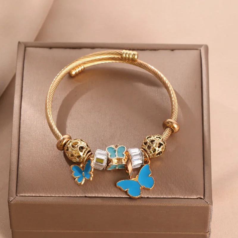 Beautiful charm bracelets for women-Cute Sweet Butterfly Stainless Steel Enamel Hollow Out Bangle