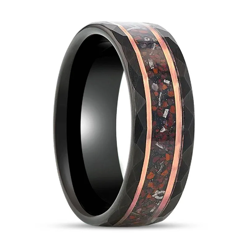 Women’s rings with colored diamonds-INFERNO | Black Tungsten Ring, Hammered, Dinosaur & Meteorite Inlay