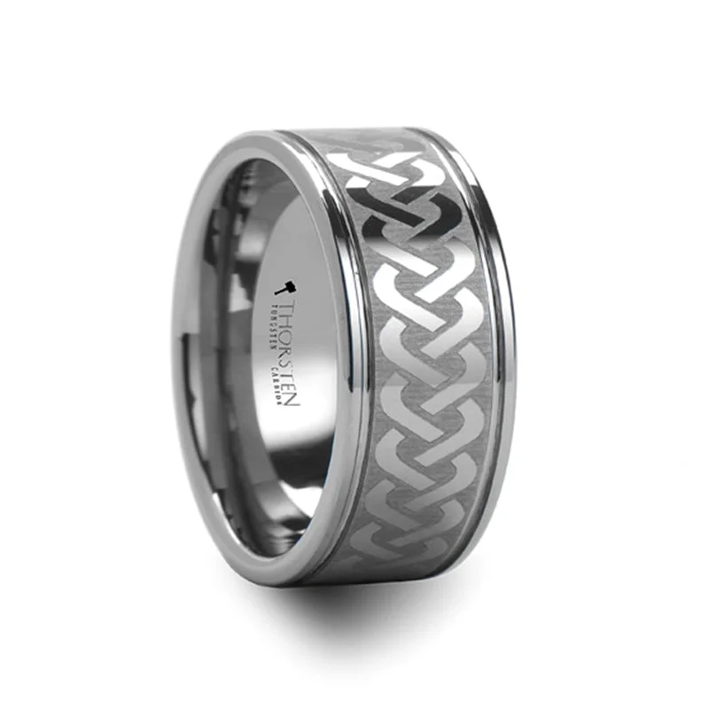 Rose gold engagement ladies rings-Celtic Knot Laser Engraved Tungsten Men's Wedding Band