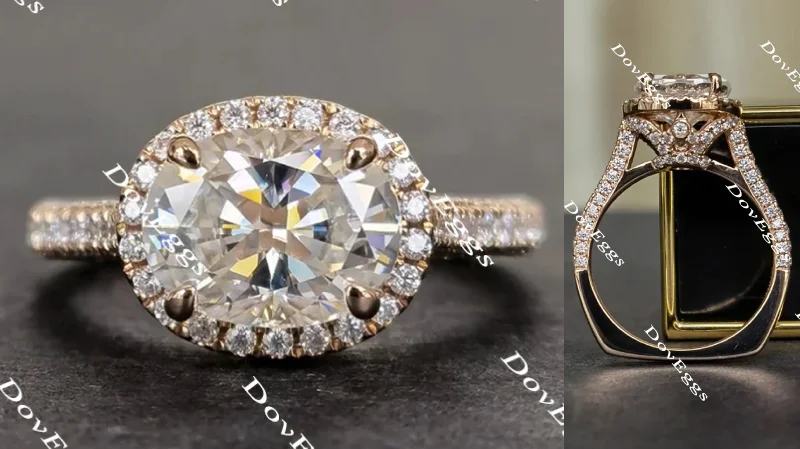 Custom engagement rings with diamonds-Doveggs oval pave halo moissanite engagement ring