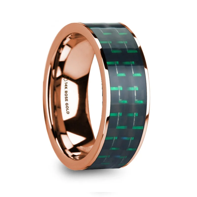 Unique ladies rings with diamonds-Black & Green Carbon Fiber Inlay 14k Rose Gold Men's Wedding Band