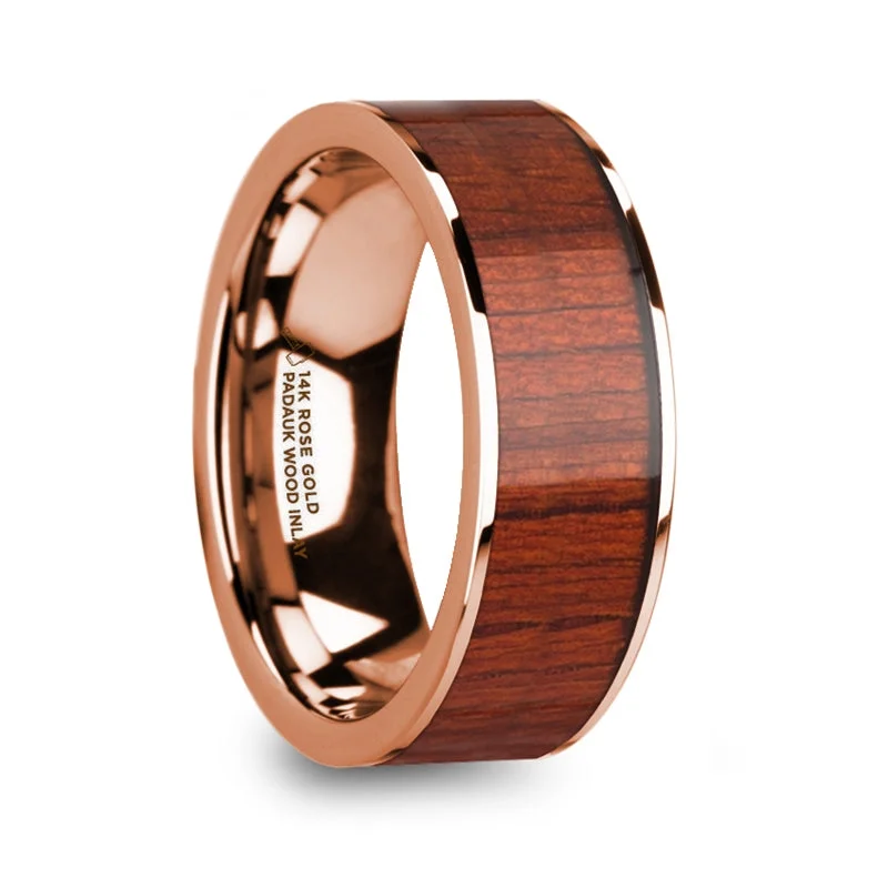 Geometric ladies rings for fashion-Padauk Wood Inlay 14k Rose Gold Men's Wedding Band