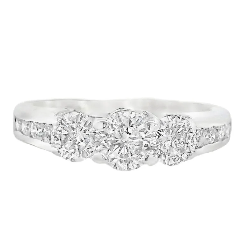 Engagement rings with diamond pavé-14K White Round Diamond 0.90Ct 3 Stone Engagement Ring