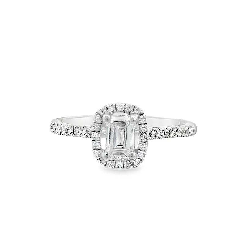 Solitaire diamond engagement rings-18K White Emerald Cut Diamond 0.58Ct Halo Engagement Ring