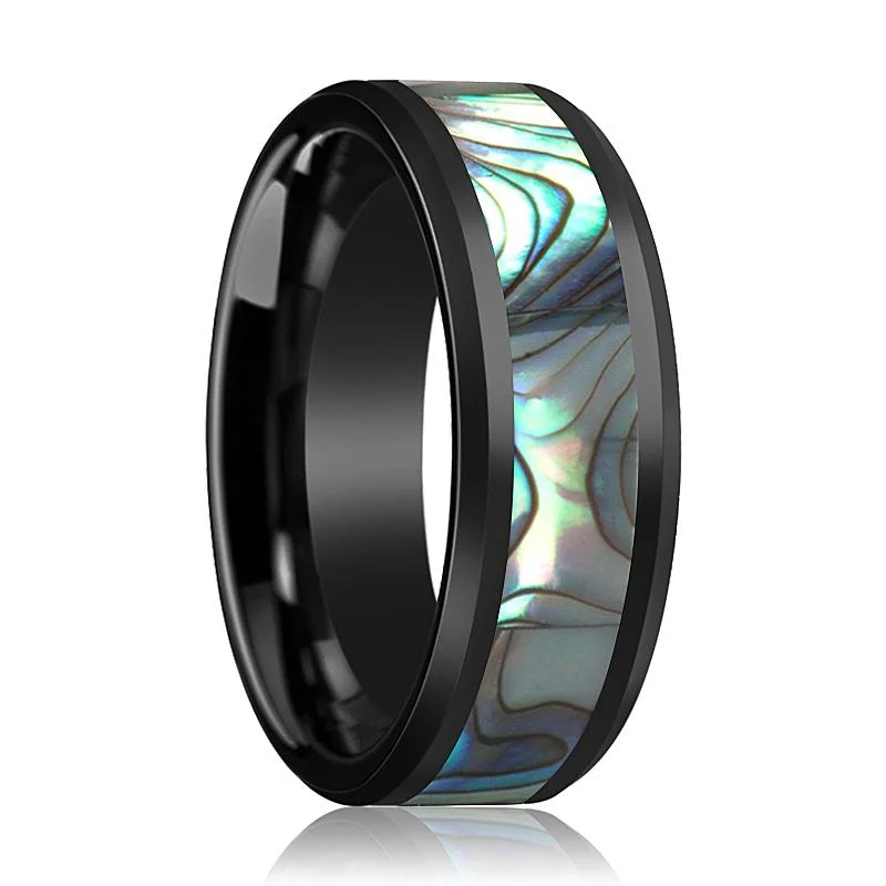 Affordable diamond ladies rings-OAHU | Black Ceramic Ring, Mother of Pearl Inlay, Beveled