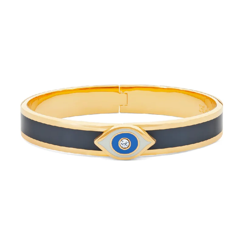 Elegant ladies bangles with crystals-Halcyon Days Evil Eye Sparkle Button Midnight & Gold Bangle