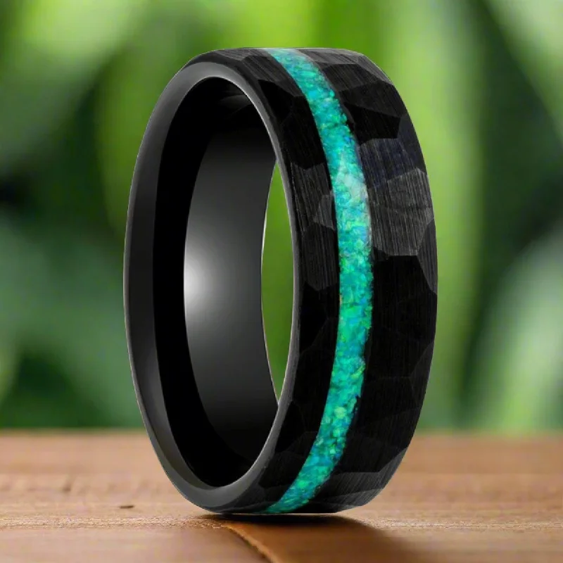 Affordable platinum ladies rings-TURQUISEA | Black Tungsten Ring, Hammered, Green Opal Inlay, Flat