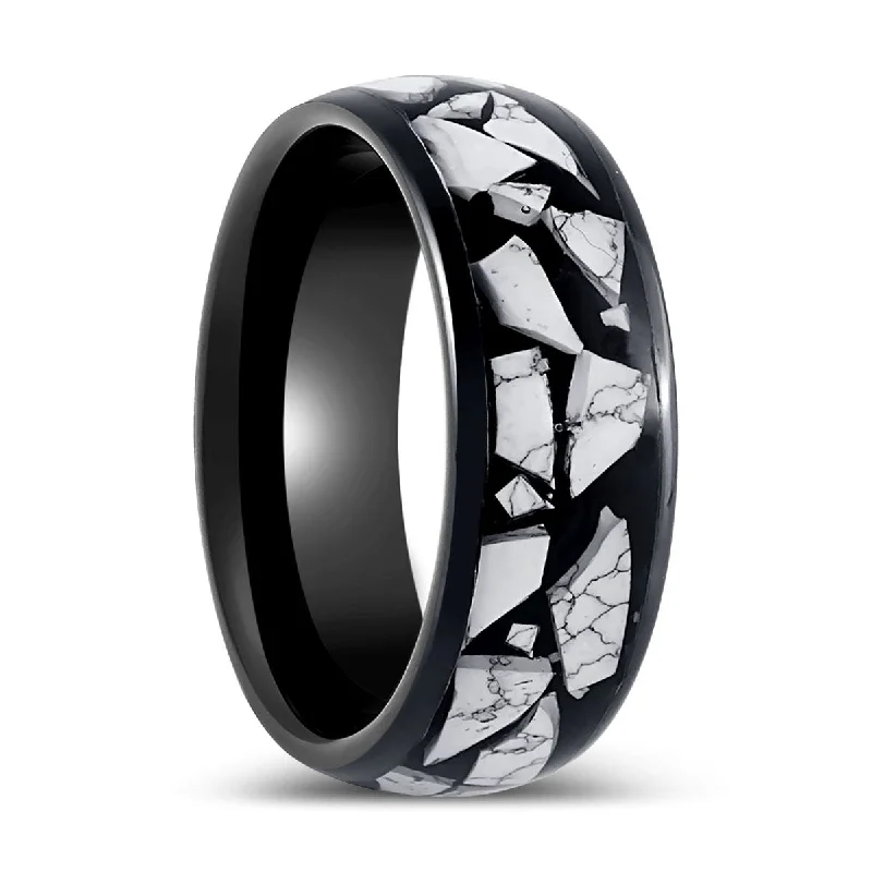 Gemstone ladies rings for weddings-CONTELIS | Black Tungsten Ring White Turquoise Fragments Inlay