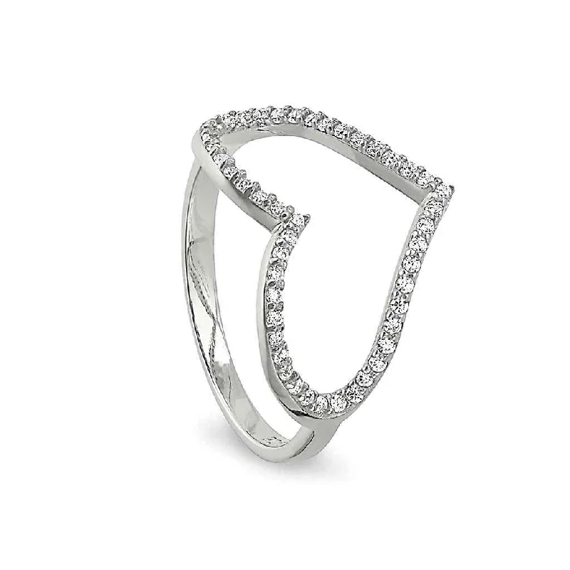 Unique engagement rings with unusual diamond shapes-Sterling Silver Open Heart Women's Ring with Simulated Diamonds