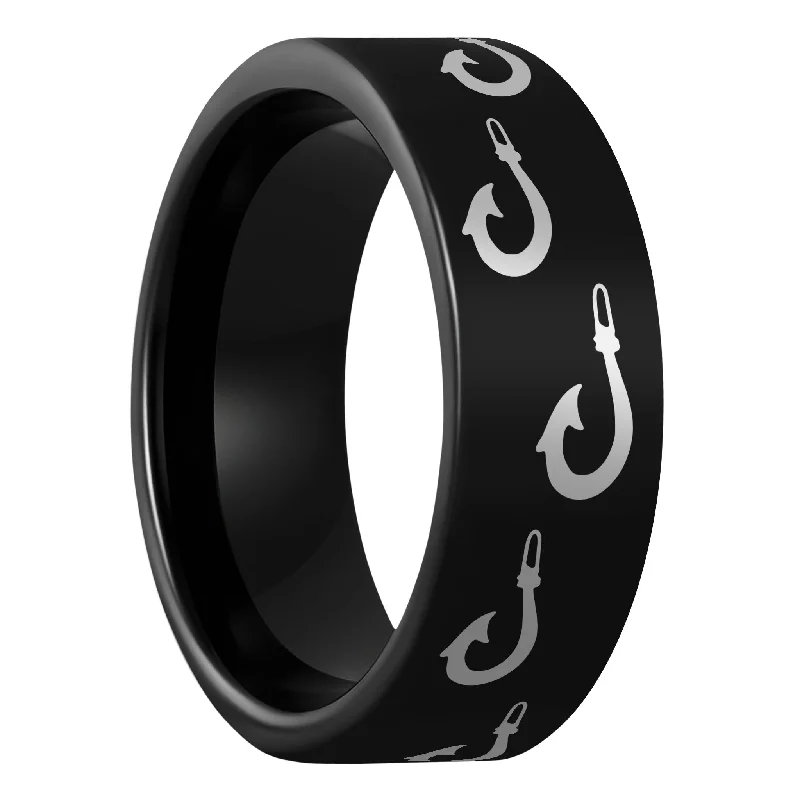 Artistic ladies rings with gems-Polynesian Fishing Hook Black Tungsten Men's Wedding Band