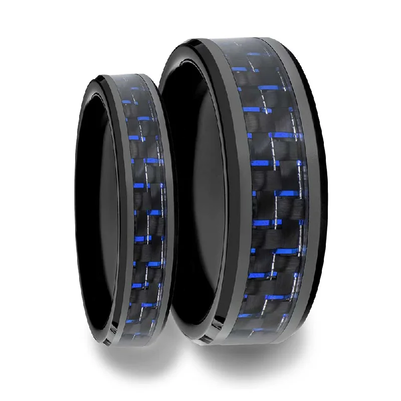 Statement ladies rings for fashion-Black & Blue Carbon Fiber Inlaid Ceramic Couple's Matching Wedding Band Set