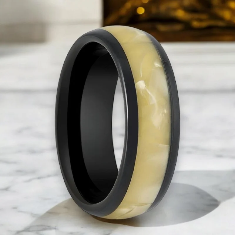 Yellow gold ladies rings for special occasions-SOLSTICE | Black Tungsten Ring, Golden Mother of Pearl Inlay