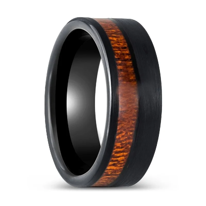 Affordable ladies rings online-ARCHIE | Black Tungsten Ring, Koa Wood and Inlay, Flat