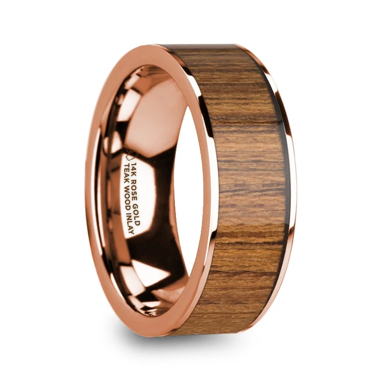 Large diamond ladies rings-Teak Wood Inlay 14k Rose Gold Men's Wedding Band