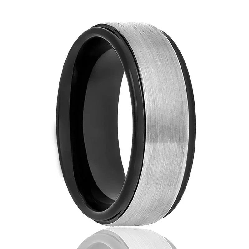 Diamond encrusted ladies rings-SPHERE | Black Tungsten Ring, Grey Brushed Center, Stepped Edge